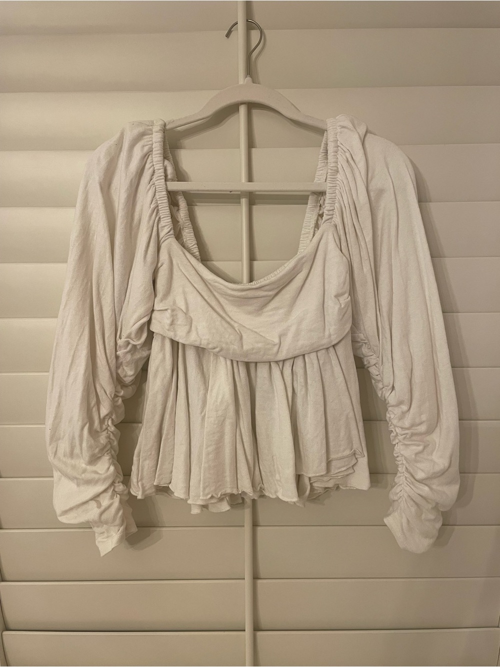 Free People White Ruched Long-Sleeve Peasant Top